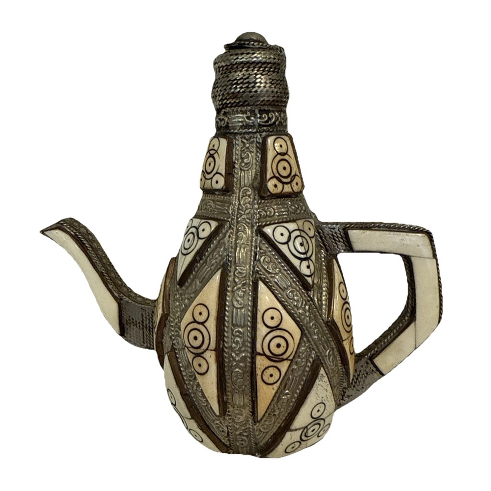 Maroccan Pottery Brass And Camel Bone Mosaic Mini Decorative Jeannie Pot 7" Tea